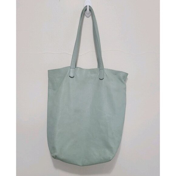 BAGGU Aqua Blue Natural Milled Leather Basic Tote Bag - Picture 1 of 9
